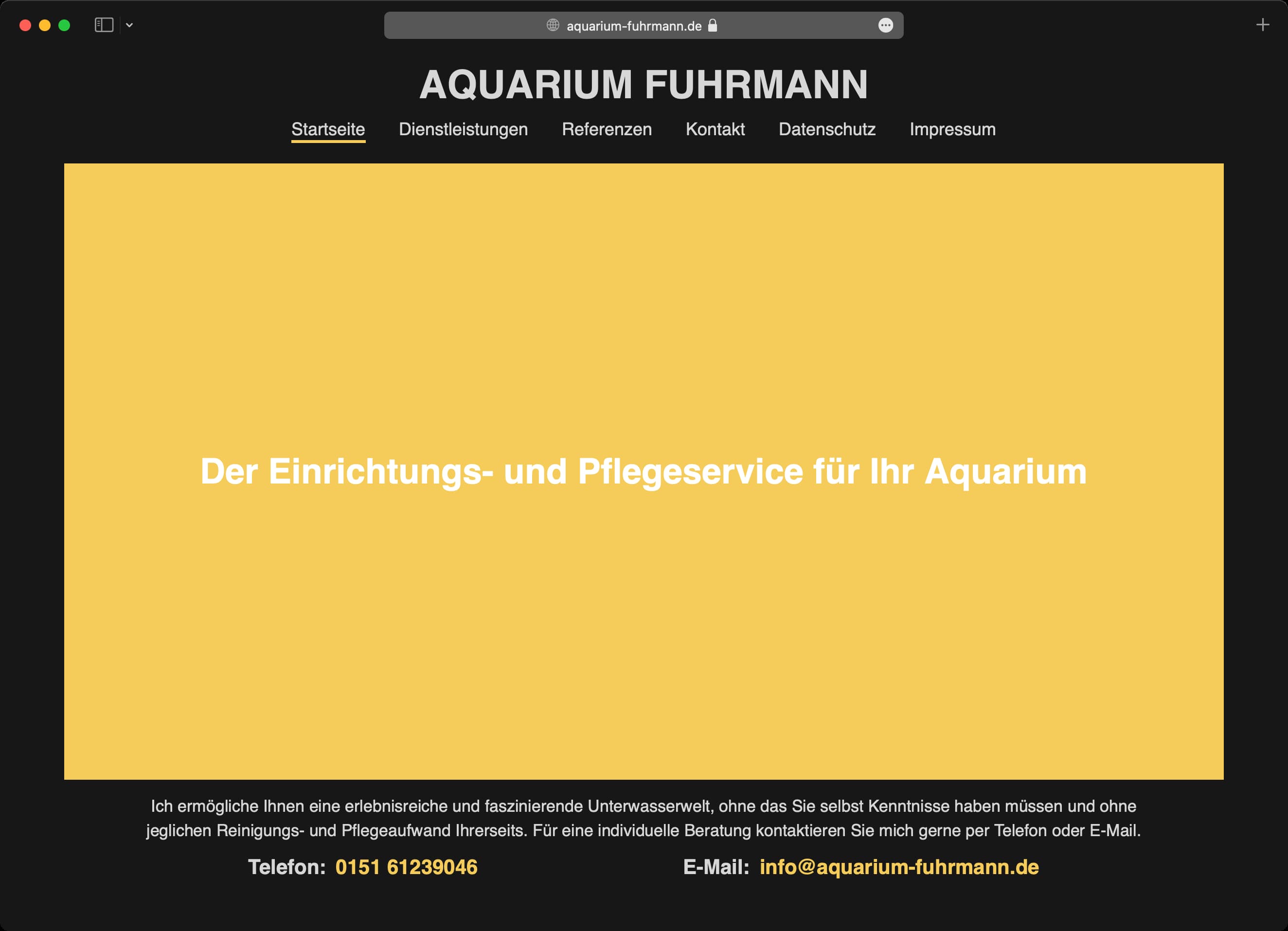 Ein Screenshot der Webseite von Aquarium Fuhrmann