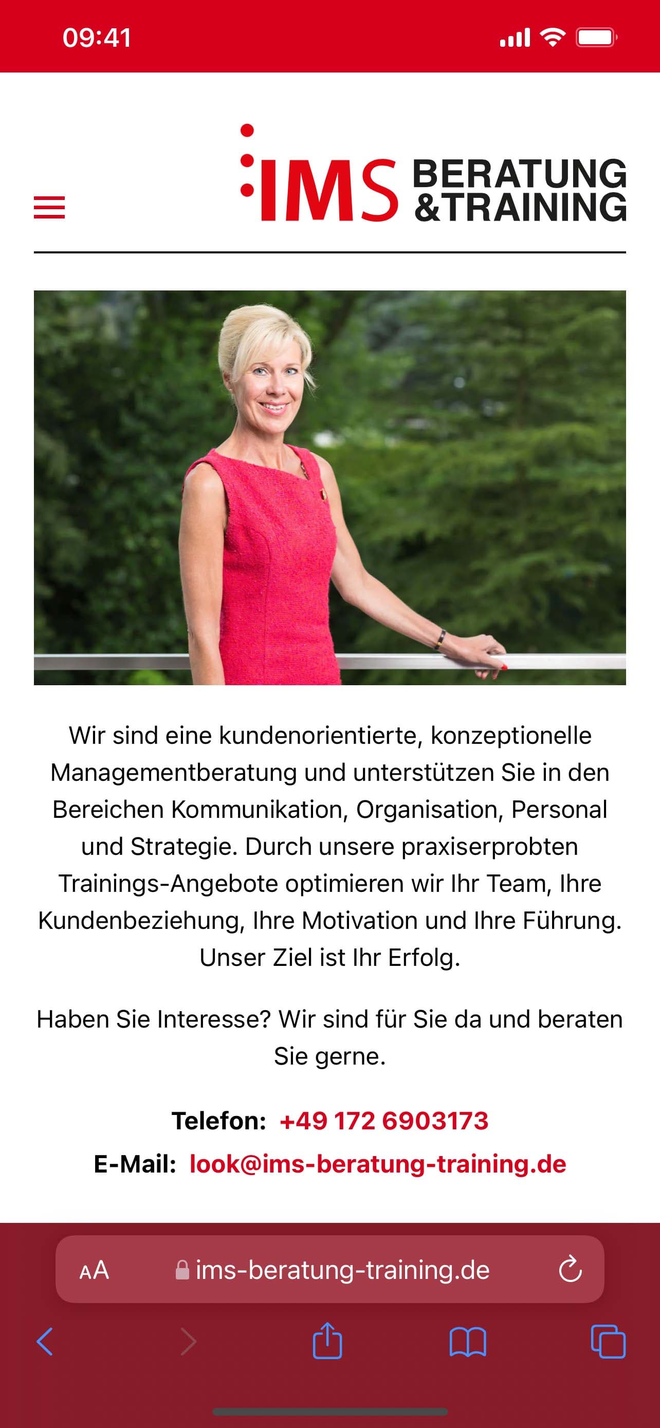 Ein Screenshot der Webseite von Unternehmensberaterin Sabine Westenberger auf dem iPhone